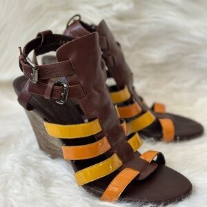 LATITUDE FEMME MADE IN ITALY Brown and Orange Strappy Wedge Sandals